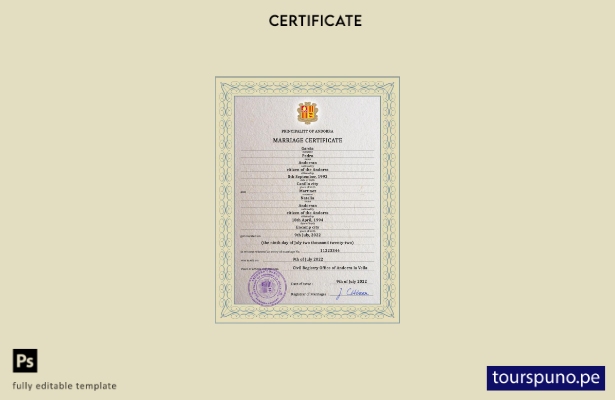 Plantilla PSD de certificado de matrimonio de Andorra lista para imprimir